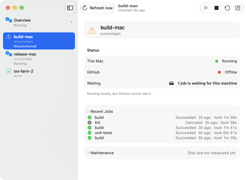 The Standfast window. Its sidebar lists the Overview and three runners: build-mac Disconnected, release-mac Running and ios-farm-2. build-mac is selected, and its Status section says This Mac: Running, GitHub: Offline, and 1 job is waiting for this machine. Below are its Recent Jobs and Maintenance sections.