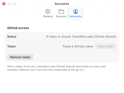 Standfast Settings on its Accounts tab. GitHub access says a token is stored and Standfast asks GitHub directly, with a field to paste a new token and a Remove token button.